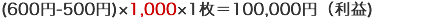 (600円-500円)×1,000×1枚=100,000円(利益)